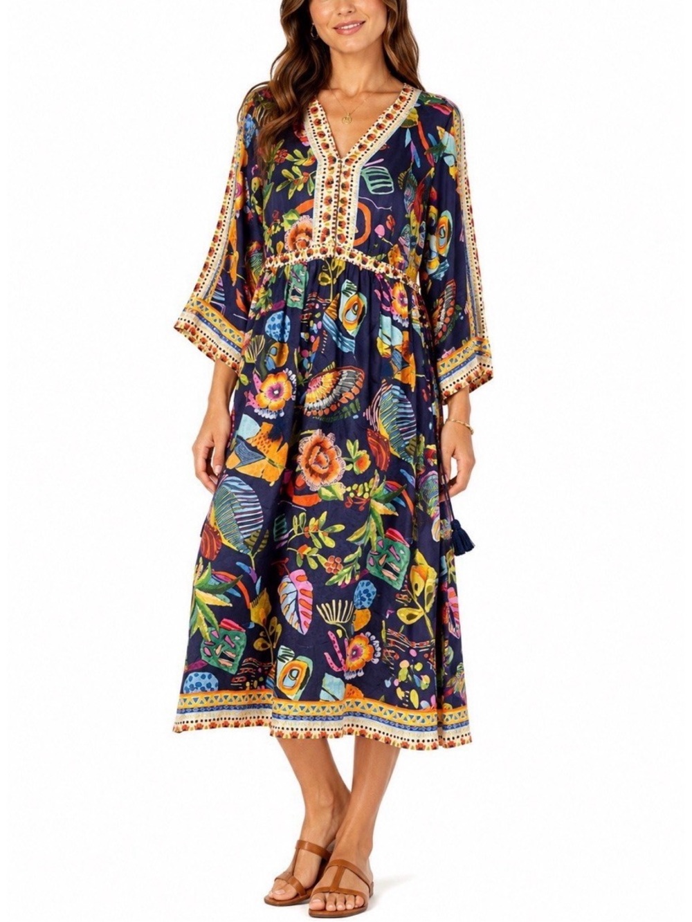 The Johnny Was Saskia 100% Silk Floral Midi Dress in Navy Blue sz L
